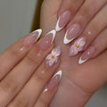 White French Tip Fake Nails Medium Almond Press on Nails 3D Flower Nails Press Ons with Rhinestones Design Glossy False Nails Glitter Glue on Nail Acrylic Stick on Nail for Women 24Pcs