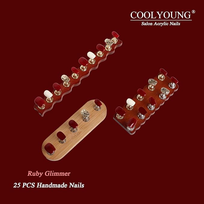Press On Nails - Red White Glitter Press On Nails, Short Square Acrylic Fake Nails for Women, 25 PCS Handmade Nails