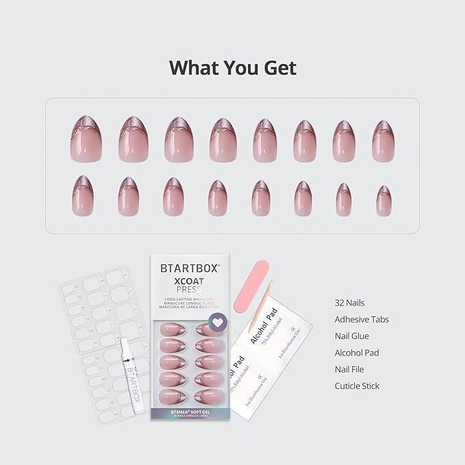 BTArtbox French Tip Press On Nails - Pink Aurora, Lamp-Curable 3D Gold Line Short Almond Press On Nails with Glue and Adhesive Tabs for Women in 16 Sizes - 32 Soft Gel Glue On Nails Kit
