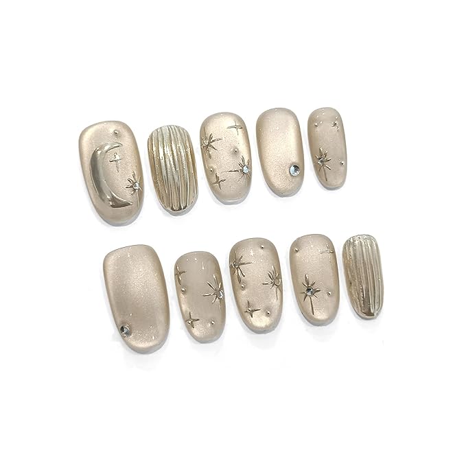 Handmade Press on Nails Short Oval,Cat Eye Fake Nails with Mirror Star Moon Designs,Soft Gel Ethereal Edgy French Retro Nails Kit with Tools,Shimmer Glossy Glue on Nails Short for Women(S)