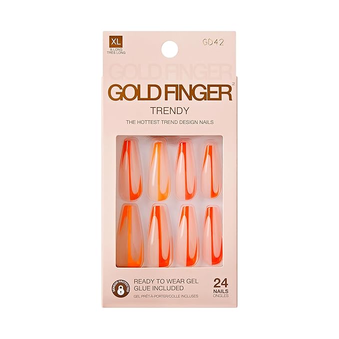 Goldfinger Trendy False Nails Kit, X-Long Coffin Design Nail, Minimal Tropical Orange & Yellow Print, Ready to Wear Gel & Manicure Stick Included, Long-Lasting Convenient & Easy to Apply