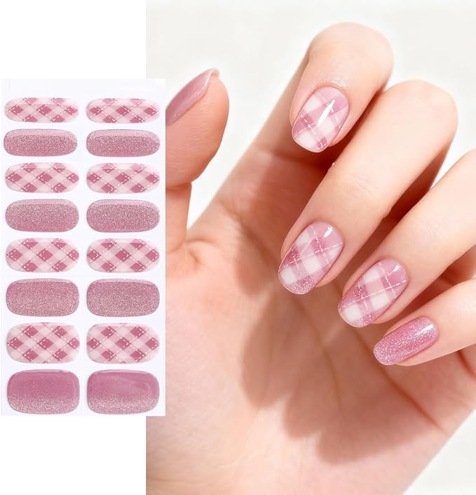 16pcs Gel Nail Strips - Nail Wraps Kit for Women Girls, No UV Light Needed, Natural Looking Manicure Full Cover Fake Nails Short Art Decor(Pink with Glitter)