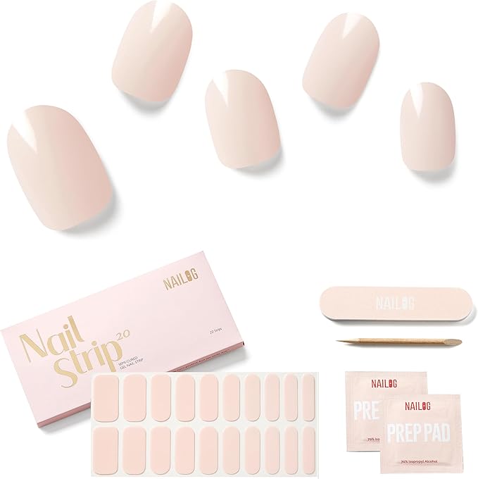 Semi Cured Gel Nail Strips - NAILOG 20 Pcs Pink Nail Stickers Extra Long Wraps with Glossy Gel Finishing for Spring Summer, Cotton Candy