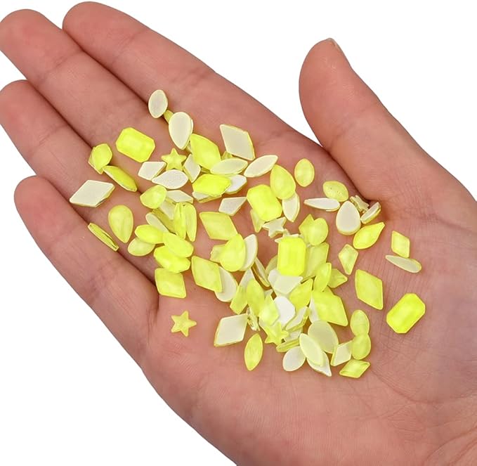 820pcs Glitter Neon Yellow Crystals Glue Fix Mix Multi Shapes 3D Nail Gem Stones Charms Bulk Round Diamond 7 Sizes Assorted for Acrylic Nails Supply