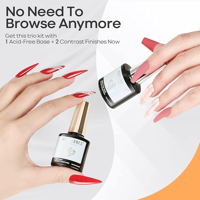 modelones Gel Top Coat Base Coat for Gel Nail Polish 3 Pcs, Chrome Proof Matte Top Coat Clear No Wipe Shiny Top Coat Long Lasting High Gloss & Velvet Matte DIY Home Fall Manicure Gift for Women
