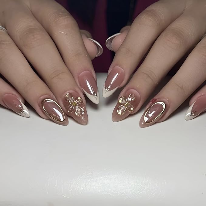 White French Tip Fake Nails Medium Almond Press on Nails Gold Flower Nails Press Ons Glossy Full Cover Glue on Nail Star False Nails Acrylic Stick on Nail for Women Decorations Set 24Pcs