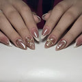 White French Tip Fake Nails Medium Almond Press on Nails Gold Flower Nails Press Ons Glossy Full Cover Glue on Nail Star False Nails Acrylic Stick on Nail for Women Decorations Set 24Pcs
