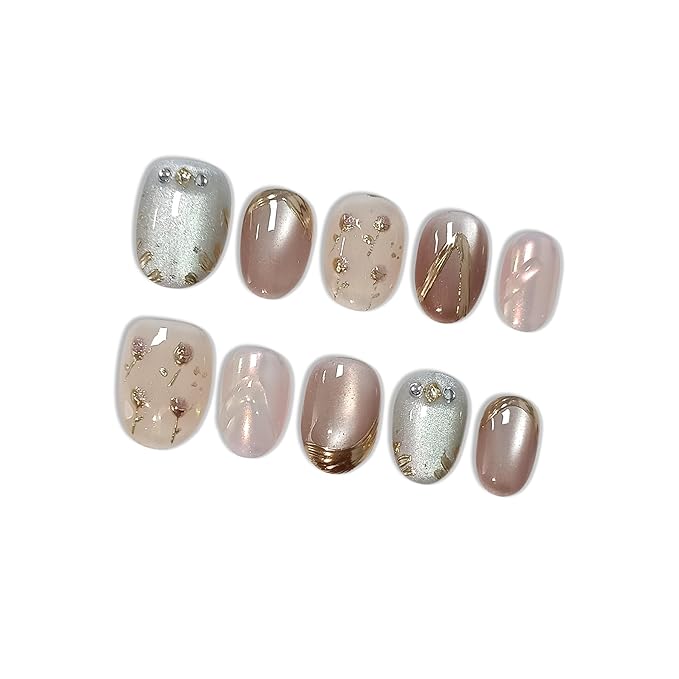 Soft Glam Pink Cat Eye Press on Nails with Hand-Painted Tulips, Rhinestones & Gold Lines - Short Oval Glossy Fake Nails, Reusable Elegant False Nails for Women Fall Winter Party Date, Size L