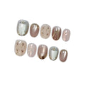 Soft Glam Pink Cat Eye Press on Nails with Hand-Painted Tulips, Rhinestones & Gold Lines - Short Oval Glossy Fake Nails, Reusable Elegant False Nails for Women Fall Winter Party Date, Size S