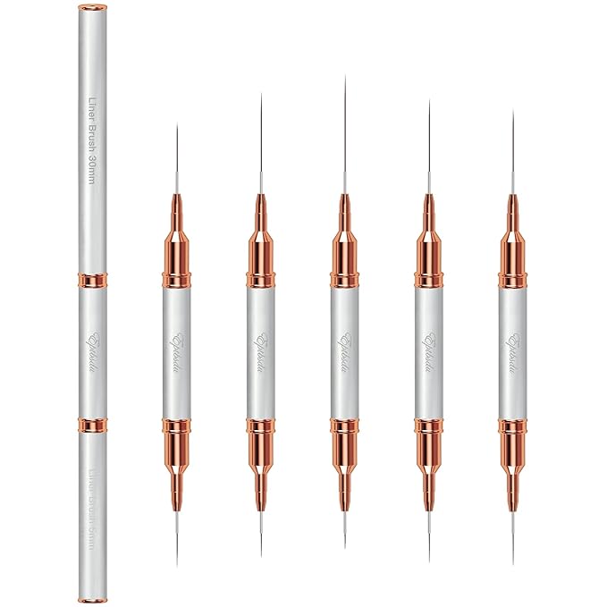 Nail Art Brushes, Eptbsdu 5PCS Double Ended Nail Art Liner Brushes with Cap Striping Liner Brush Nail Design Brushes for Long Lines, Tiny Details, Fine Drawing Nail Brushes for Nail Art, Silver