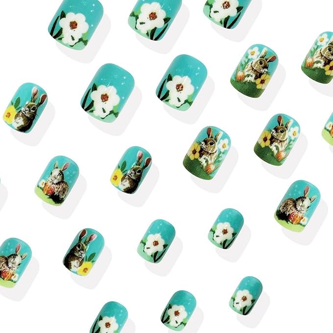 Easter Press on Nails Short Square Fake Nails with Cute Bunny Designs Glossy Blue False Nails Spring Colorful Flower Acrylic Nails Full Cover Stick on Nails for Women Nails Manicure Decoration 24 Pcs