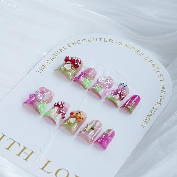 10pcs Handmade Press on Nails Medium Duck Curve Shape – 3D Floral Mushroom Jelly Shell Bow Cherry Chrome Bling Thick Reusable Fake Nails,Boho Y2K Aesthetic Accessories (mushroom, L)