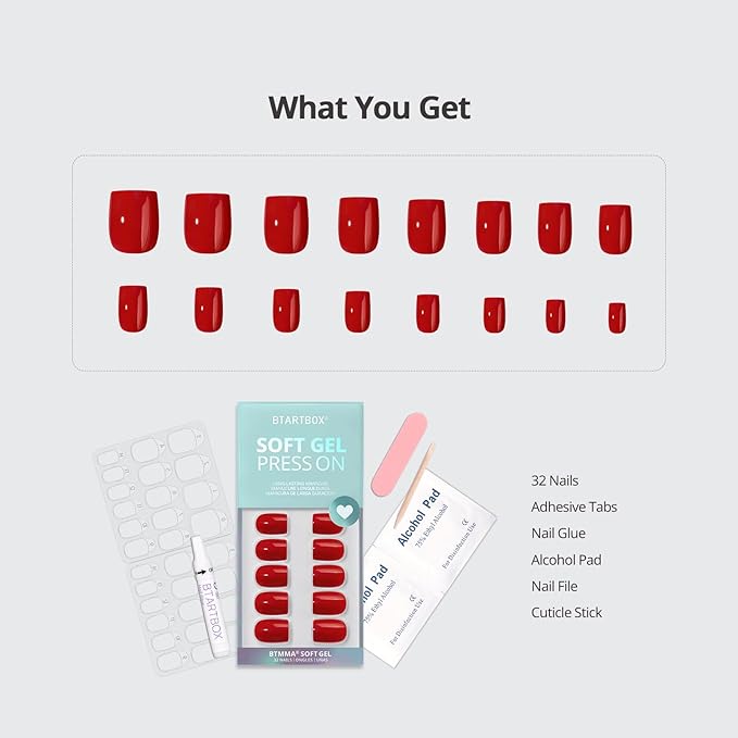 BTArtbox Press On Nails Short - Red Square Valentines Press On Nails with Glue for Women, Opaque Soft Gel Glue On Nails in 16 Sizes - 32 Stick On Nails Kit, Hot Lap