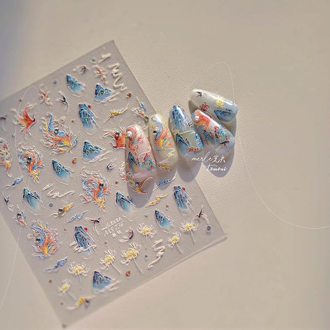 3D Asian Phoenix Nail Art Stickers, Mountain and Floral Design, Blue and Orange