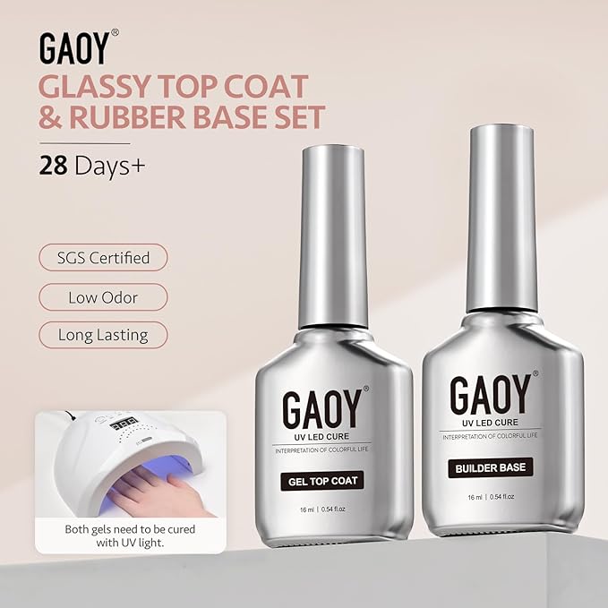 GAOY 2 Pcs Glassy Gel Top Coat and Rubber Base, Jelly Builder Base Nude Sheer Pink 01 Lush Nude with Detailed Liner Brush, Soak Off Nail Strengthener UV Light Cure