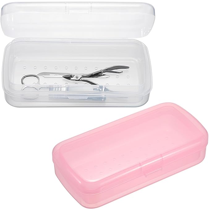 JUXYES 2 PCS Plastic Sterilizing Tray for Nail Art Accessories Tools, Portable Nail Art Tool Sterilizer Tray with Strainer, Fully Transparent Storage Box Organizer for Tweezer Manicure Tools