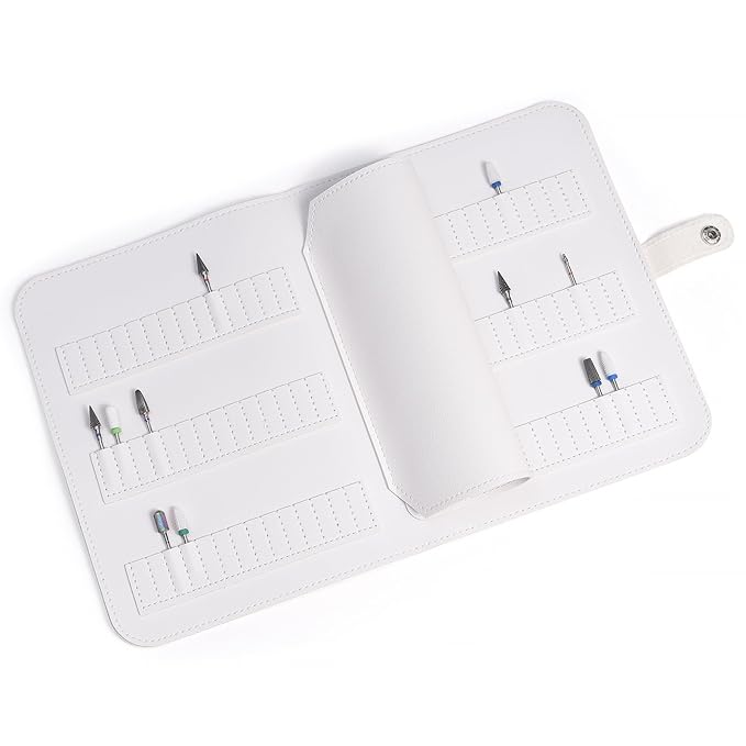 Nail Drill Bits Holder Portable PU Leather Nail Drill Bit Storage Bag 84 Holes Nail Bits Displayer Organizer Large Space Snake Print Nail Drill Bit Organizer (Drill Bits Not Included) (White)
