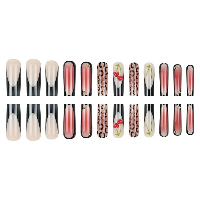 24Pcs Long Square Press on Nails - Black French Tip, Cherry & Brown Ombre Cheetah Design | XL Glossy Full Cover Fake Nails for Women Manicure
