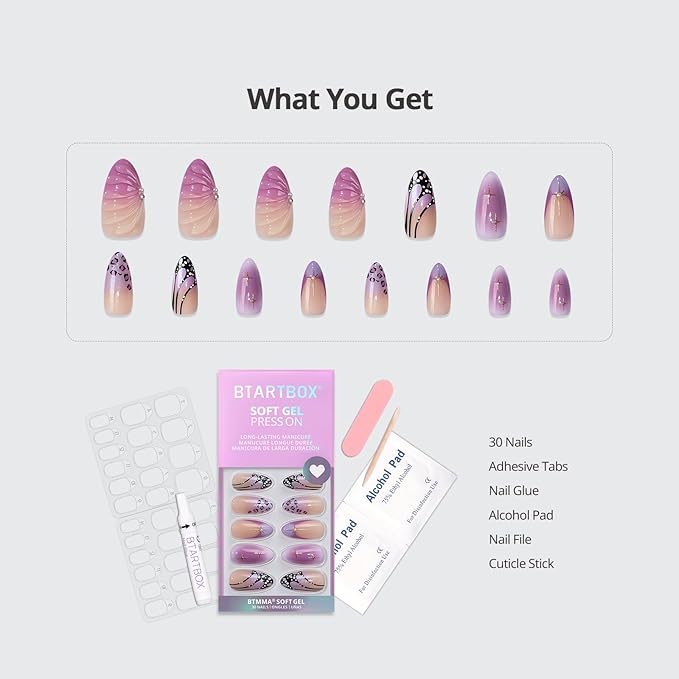 BTArtbox Press On Nails Medium - 3D Purple Butterfly French Tip Almond Press On Nails with Glue for Women, Opaque Soft Gel Glue On Nails in 15 Sizes - 30 Stick On Nails Kit, Flutter Besties