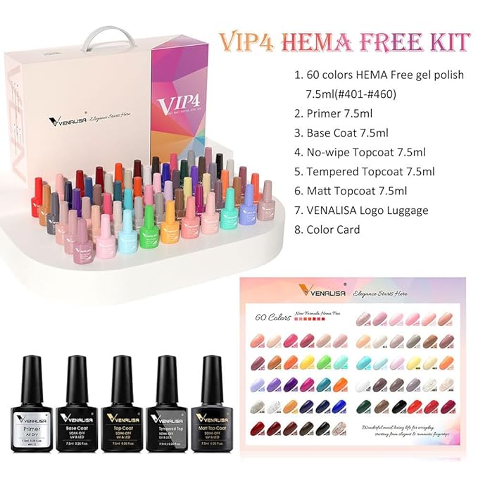 VENALISA VIP4 Gel Nail Polish Kit of 65 Pcs With Color Book Red Pink Orange Green Colors Gel Polish Set Soak Off UV Gel Salon Nail Art DIY at Home Manicure