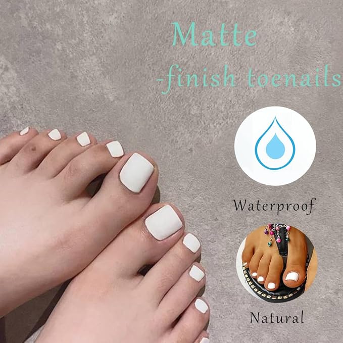 Solid Square Fake Toenails Matte Press on Toe Nails Short Acrylic False Toes Nails Cute Artificial Beach Full Cover Toenail White for Women 24 Pcs (White)