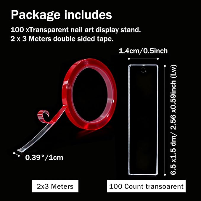 100PCS Transparent Acrylic Nail Art Display Stand-Press On Nail Art Fake Nail Tips Display Stand with 9.8ft Removable Double Sided Mounting Tape for Nail Salon Home Office Supply