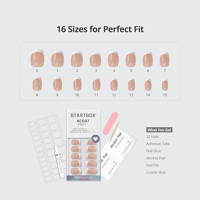 BTArtbox French Tip Press on Nails - Gel Press on Nails Short, No Fade Out Fake Nails with Nail Glue, Seamless Fit Glue on Nails in 16 Sizes Nail Kit for Wedding, Classic White