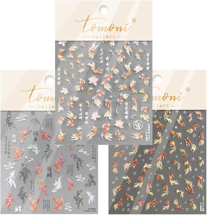 3Sheets Lucky Fish Nail Art Sticker Summer Nail Decals Adorable Koi Wish Fishes Style Manicure Sticker for Women Girls (Fish)