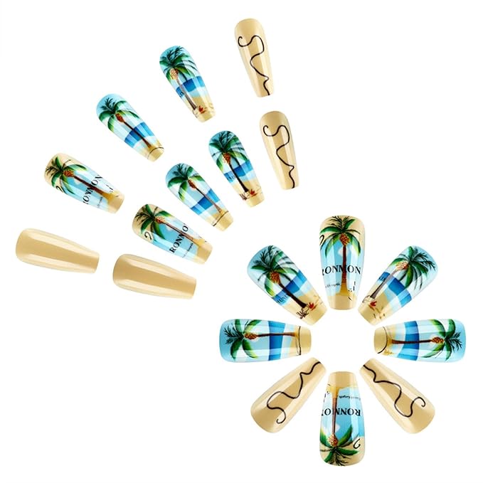 Medium Press on Nails Coffin Fake Nails with Designs Coconut Tree Glue on Nails Blue Seaside Acrylic Nails Summer Beach Artificial Nails Glossy Full Cover Stick on Nails for Women Girls