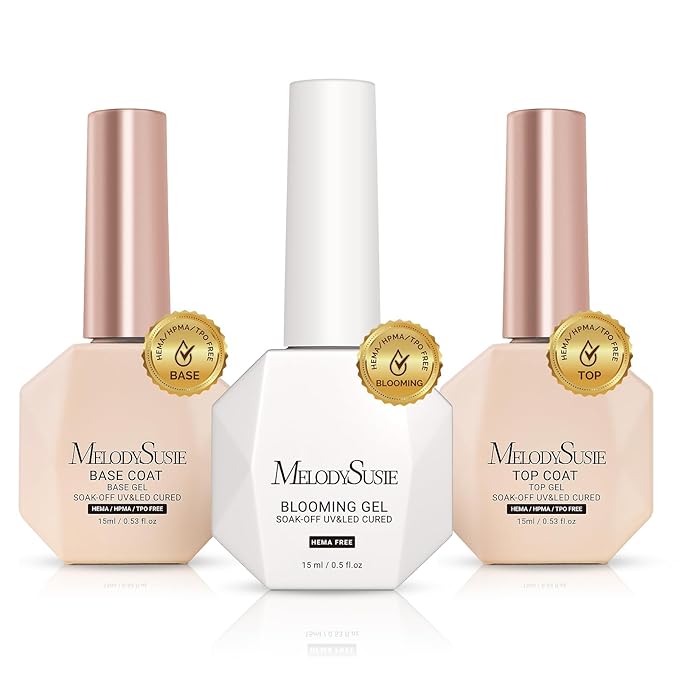 MelodySusie Hema Free Top Coat Base Coat Blooming Gel Set Long Lasting Shine Finish Soak Off UV LED Nail Lamp Nail Art Design Manicure Kit Perfect Gifts for Women Girls 3 Pcs 15ml Clear