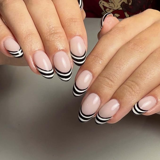 Black French Tip Press on Nails Short Almond Fake Nails Stripe Nails Press ons with Blacke White Lines Design Full Cover Stick on Nails for Women Manicure,Reusable | Glue Tabs | Easy Apply | 24Pcs