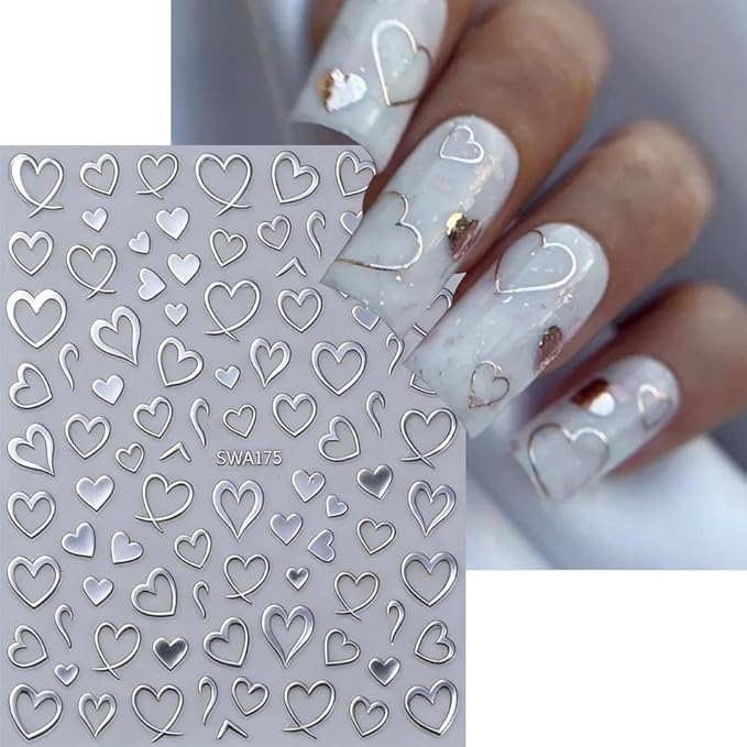 6 Sheets Valentines Day Nail Stickers 3D Self Adhesive Hearts Nail Art Stickers Gold Silver Black White Pink Red Hollow Love Hearts Design Valentine Nail Decals Nail Art Stickers for Acrylic Manicure