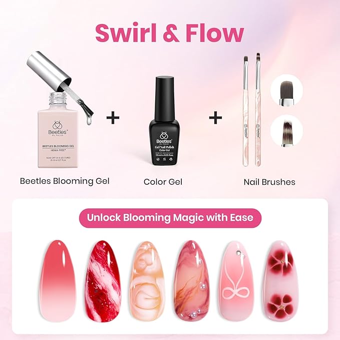 Beetles Blooming Gel and Nail Art Brushes Set - Ombre Nail Brush Gradient Stipple Clean Up Fingernail Art Pens and Silicone Dotting Tool for Gel Polish Marble Blush Chrome DIY Manicure Designs