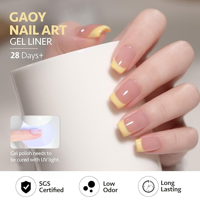 GAOY Yellow Swirl Gel Nail Polish Art Liner, 12ml Pastel Butter Yellow Color Nail Paint Design with Thin Brush, UV Light Cure for DIY French Manicure at Home