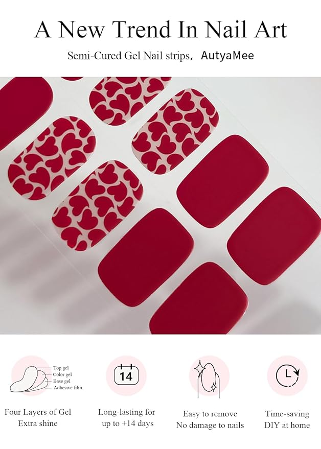 Semi Cured Gel Nail Strips (Matte Red Heart), Valentine's Day, 20 Pcs Gel Nail Wraps, Stickers, Salon Quality, Works with Any UV Lamps