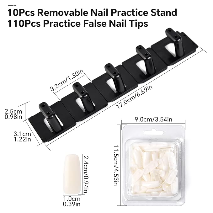 10PCS Plastic Nail Display Stands with Holes Nail Training Frame with 110Pcs Practice Nail Tips, Spliced Stand for Gel Nail Polish DIY Nail Practice Display Tool, Black