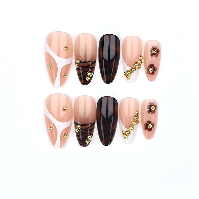 Leopard Print Press on Nails Almond Fake Nails French Tip False Nails Flower False Nails with Gold Rhinestones Design Glossy Stick on Nail Medium Glue on Nail for Women Decoration Set 24Pcs