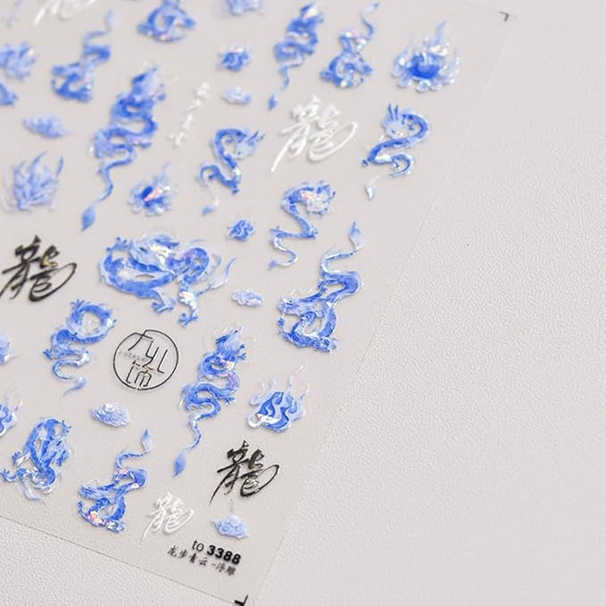 2Sheets Dragon Nail Art Stickers Blue Pink Chinese Totem Character Acrylic Nail Decals for New Year Spring Festival Cool Design Nails Supplies (A Style)