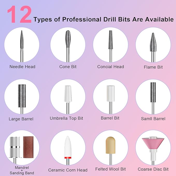 Professional Electric Nail Drill 40000RPM for Salon Home Use, Rechargeable Nail File Machine Kit with 12PCS Bits for Acrylic Gel Nails, Portable Efile Manicure Pedicure Tool (Pink Blue)