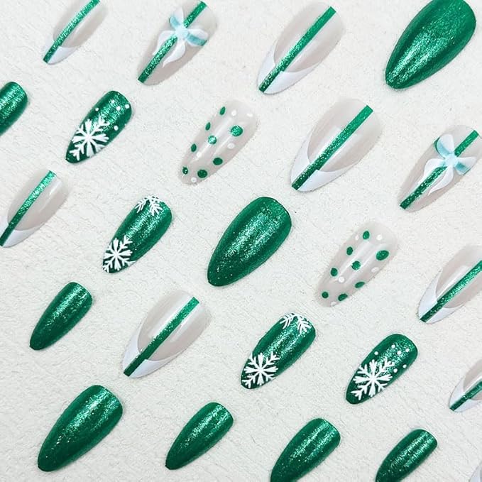 Christmas Press on Nails Medium Almond MABKJLF French Tip Fake Nails False Nails with Snowflake Bow Green & White Polka Dots Glitter Designs Glossy Glue on Nail Acrylic Nails for Women Girls 24Pcs