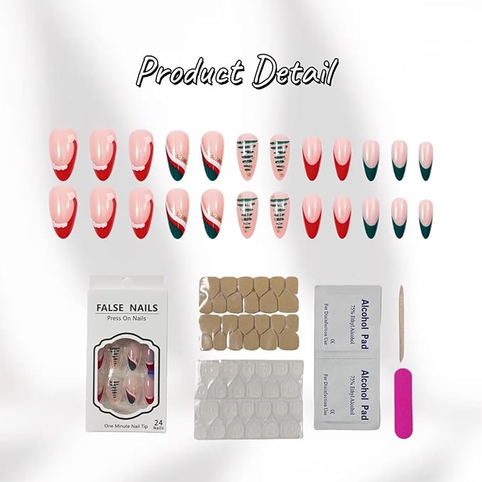 Press On Nails Almond Christmas, French Tip Press on Nails Short, Glue On Nails for Women Gift, Supremely Fit Natural Reusable Stick On Nails in 12 Sizes -24 Fake Nails Kit, Wave Christmas Tree