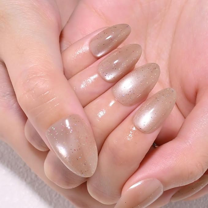 Light Brown Press On Nails Short Oval Cute Shimmer Acrylic Fake Nails, Jelly Glossy Full Cover Glue on Nail For Reusable Fall Artificial Stick on Nails for Salon Quality Nail Women 24 Pcs