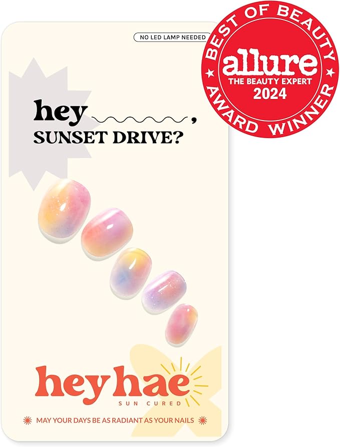 Heyhae Semi Cured Gel Nail Strips | No LED Lamp Needed | Marble, Pink, Spring | Easy Apply & Remove, Salon Quality | Includes 28 Strips, 1 Prep Pads, Nail File & Wooden Stick - Hey, Sunset Drive?