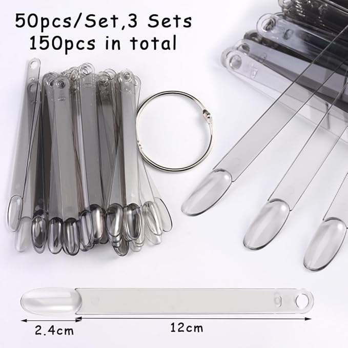 150 Pcs Nail Swatch Sticks with Ring, Transparent Black Oval Shape Nail Art Tips, Acrylic False Nail Sample Sticks for Gel Polish Displaying Colors and Training Nail Tools for Home or Salon Use