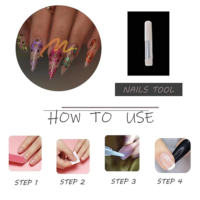 MISUD Press on Nails - Long Stiletto Fake Nails with Gold Chrome, Acrylic Colorful Flower Design 24 pcs