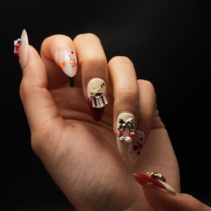 Christmas Handmade Press On Nails – 10pcs Medium Almond Fake Nails, 100% Handmade 3D Santa Claus Designs, Thick Gel Acrylic Full Cover False Nails for Women