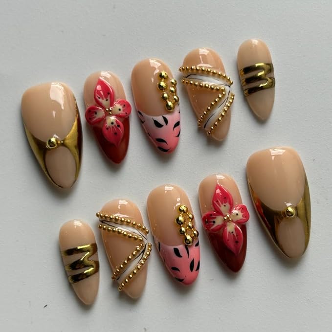 Press On Nails Medium Almond Shape - 3D Handmade Acrylic Gel Fake Nails with Glitter Designs, Reusable Thick Almond Nails for Women DIY Manicure Kit (10PCS, L Size, Easy Application)