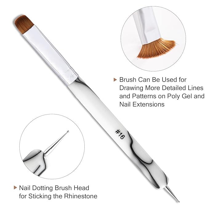 French Manicure Brush -2 Way Nail Art Brush with Dotting Manicure Tool for Manicure Cuticle Clean Up Nail Art Design- Professional Nail Salon Quality Brush, Nail Dotting Pen (White, 16#)