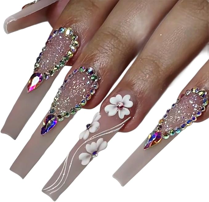 Set White 3D Flowers for Nails, Handmade 3D Acrylic Flowers for Wedding Nails, Valentine Flower Nail Charms Rhinestones Gems by Acrylic Powder Design Deco Nail Art Women Girls (White Heart)