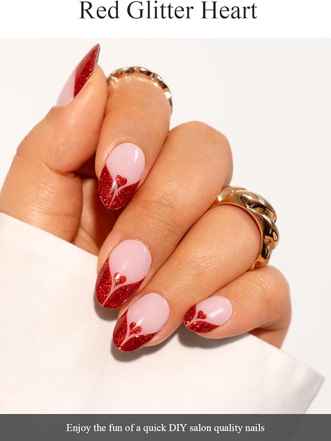 Semi Cured Gel Nail Strips (Red Glitter Heart), Valentine's Day French, 20 Pcs Gel Nail Wraps, Stickers, Works with Any UV Lamps